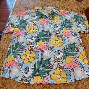 Miller Lite Beer Colorful Flamingo and Floral Button-Up Shirt